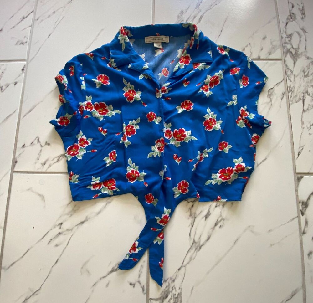 Adam Levine Womens L Blue Red Floral Tie Front Crop Blouse Short Sleeve